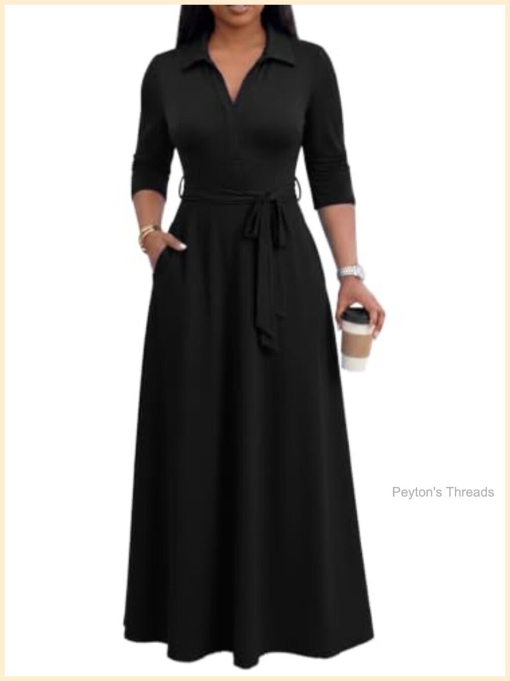 Women's V-Neck 3/4 Sleeve Maxi Dress with Pockets Semi Formal Church Dress